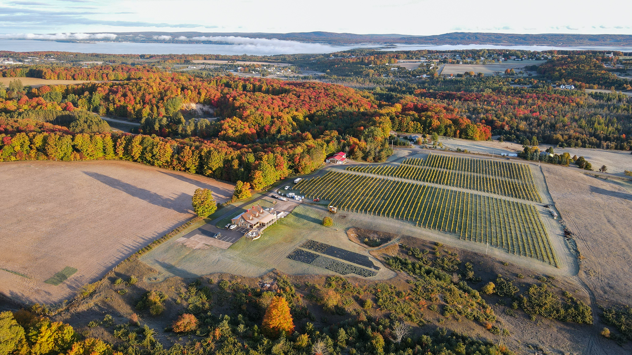 A drone picture of the winery and vineyard in the fall.