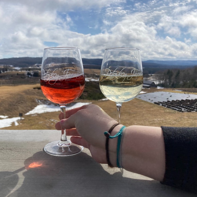 Two glasses of wine with the landscape in the background.